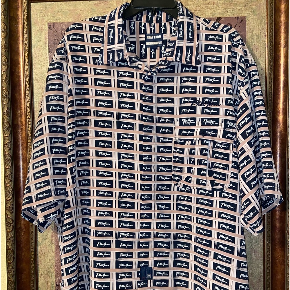 Phat Farm VINTAGE Men’s 2XL Button Up All Over Logo Print Short Sleeve Shirt Y2K